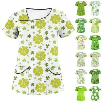 Женская мода в полоску с градиентом St. Рабочая одежда с короткими рукавами и двойными карманами с принтом ко Дню Святого Патрика L
