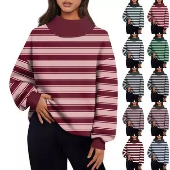 Женская мода в полоску с принтом и длинными рукавами, свободная полуводолазка, толстовка, топ XXL