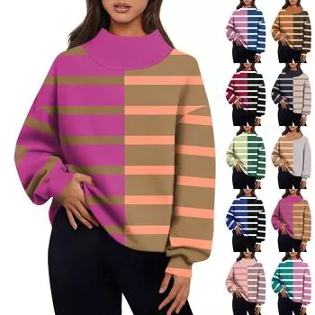 Женская мода в полоску с принтом и длинными рукавами, свободная полуводолазка, толстовка, топ S фиолетовый