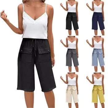 Женская мода в полоску с принтом и эластичной резинкой на талии, повседневные брюки с пятью точками и карманами L бежевый