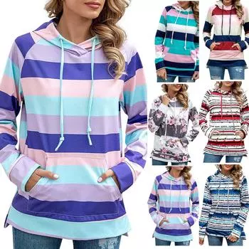 Женская мода в полоску с принтом на шнурке и капюшоном с длинными рукавами, толстовка, топы L синий