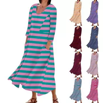 Женская мода в полоску с принтом Свободные лоскутные повседневные хлопковые платья с карманами и семью рукавами L синий