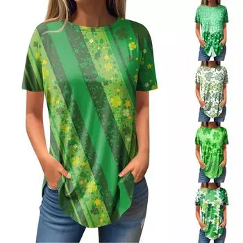 Женская мода в повседневном стиле с круглым вырезом St. Пуловер-футболка с короткими рукавами и принтом «День Святого Патрика» L