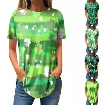 Женская мода в повседневном стиле с круглым вырезом St. Пуловер-футболка с короткими рукавами и принтом «День Святого Патрика» L