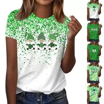 Женская мода в стиле кэжуал. Футболка с коротким рукавом и круглым вырезом с принтом ко Дню Святого Патрика S