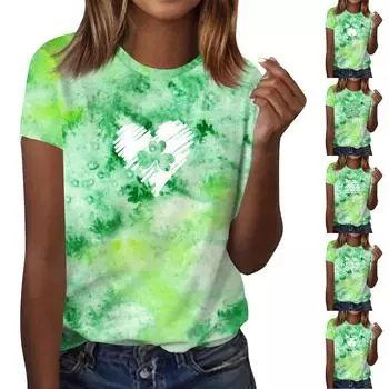 Женская мода в стиле кэжуал. Футболка с коротким рукавом и круглым вырезом с принтом ко Дню Святого Патрика L