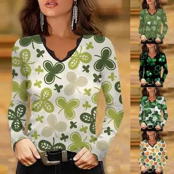 Женская мода в стиле кэжуал. Футболка с длинными рукавами и принтом на День Святого Патрика, топ с кружевной строчкой L чёрный