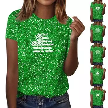 Женская мода в стиле кэжуал. Футболка с коротким рукавом и круглым вырезом с принтом ко Дню Святого Патрика S