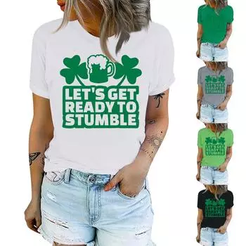 Женская мода в стиле кэжуал. Футболка с принтом ко Дню Святого Патрика, пуловер с круглым вырезом, топ с короткими рукавами XL зелёный