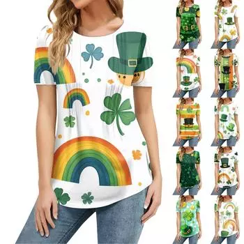 Женская мода в стиле кэжуал. Патрик Принт Топ Короткий Рукав Рубашка Свободный Пуловер XXXL