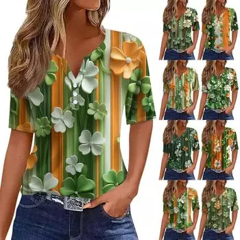 Женская мода в стиле кэжуал. Топ с короткими рукавами и V-образным вырезом на пуговицах с принтом ко Дню Святого Патрика L армия зеленый