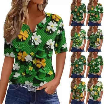 Женская мода в стиле кэжуал. Топ с короткими рукавами и V-образным вырезом на пуговицах с принтом ко Дню Святого Патрика L армия зеленый