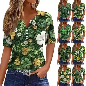Женская мода в стиле кэжуал. Топ с короткими рукавами и V-образным вырезом на пуговицах с принтом ко Дню Святого Патрика L армия зеленый