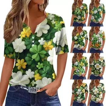 Женская мода в стиле кэжуал. Топ с короткими рукавами и V-образным вырезом на пуговицах с принтом ко Дню Святого Патрика L армия зеленый