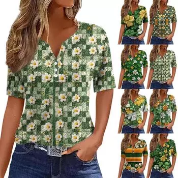 Женская мода в стиле кэжуал. Топ с короткими рукавами и V-образным вырезом на пуговицах с принтом ко Дню Святого Патрика S