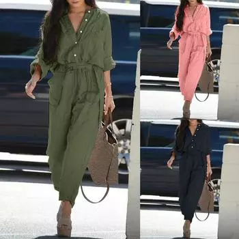 Женская мода в стиле ретро, повседневный свободный однотонный комбинезон-карго из хлопка и льна с лацканами и поясом L чёрный