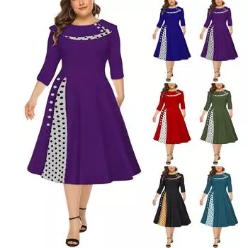 Женская мода в стиле ретро с длинным рукавом и круглым вырезом, сплошное цветное платье в горошек с талией L