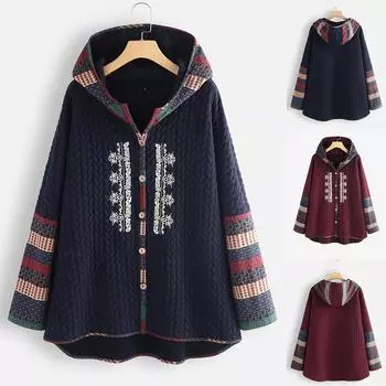 Женская мода в стиле ретро с принтом и пуговицами, пальто с длинными рукавами XL синий