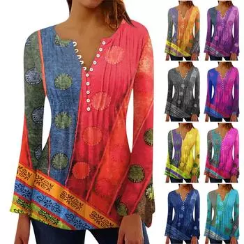 Женская мода в стиле ретро с v-образным вырезом и длинными расклешенными рукавами, плиссированная футболка на пуговицах, топ L