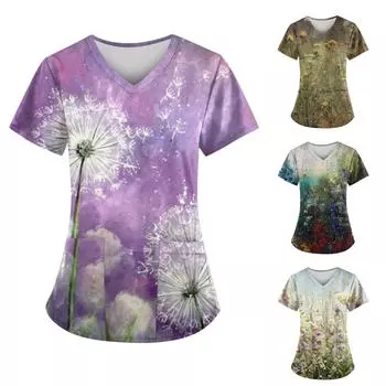 Женская мода весенне-летняя цветочная картина маслом с принтом V-образным вырезом с короткими рукавами и карманами Топы L