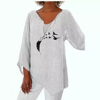 Женская мода, весенне-летняя свободная рубашка, женские повседневные топы с длинными рукавами 3/4 и цветочным принтом, большие размеры, свободные блузки с v-образным вырезом S белый