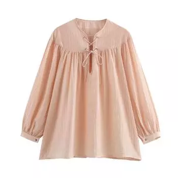 Женская мода весна 2025: Европейская и американская свободная рубашка с рукавами-фонариками на кулиске M