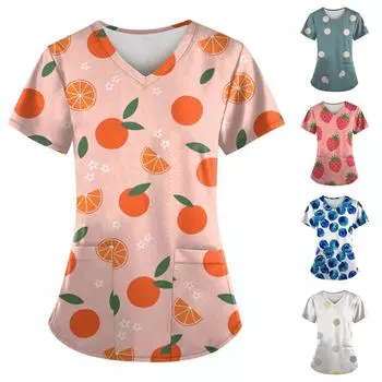 Женская мода весна и лето картина маслом с принтом V-образным вырезом с коротким рукавом рабочая одежда с карманами топы XL оранжевый