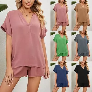 Женская мода, весна и лето, новая однотонная свободная футболка с v-образным вырезом, шорты, домашний повседневный костюм L чёрный