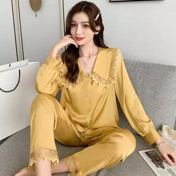 Женская мода весна и осень кружевная домашняя одежда комплект из 2 предметов пижама с длинным рукавом летняя тонкая свободная домашняя одежда из ледяного шелка M