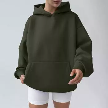 Женская мода весна и свитшот с капюшоном повседневный карманный топ свободный пуловер L армия зеленый