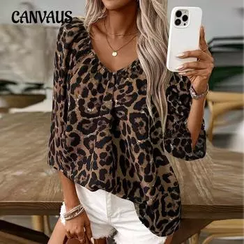 Женская мода весна-лето леопардовый принт рубашка с коротким рукавом V-образный вырез завязка пуловер топы S цветной печати леопарда