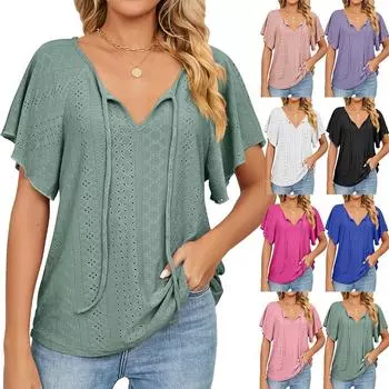 Женская мода весна/лето однотонная свободная повседневная футболка с v-образным вырезом на шнуровке и коротким рукавом XXL белый