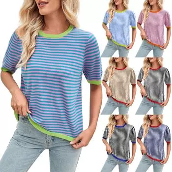 Женская мода весна-лето повседневный полосатый подходящие цвета круглый вырез трикотажный короткий рукав джемпер топ L чёрный
