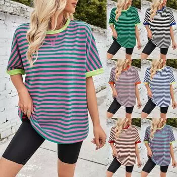 Женская мода весна-лето повседневный свободный полосатый цветной топ с круглым вырезом и рукавами L чёрный