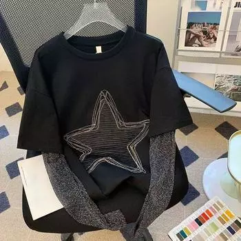 Женская мода весна-осень Commuter Spliced Gauze Fake Two Pieces футболки с длинным рукавом свободные универсальные топы с круглым вырезом с принтом XXXL чёрный