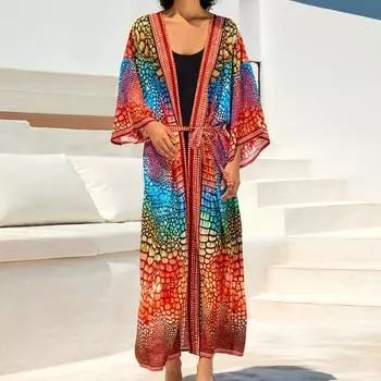 Женская мода весна осень цветные блоки принт длинный рукав V-образный вырез свободная талия повседневные платья Size: One Size