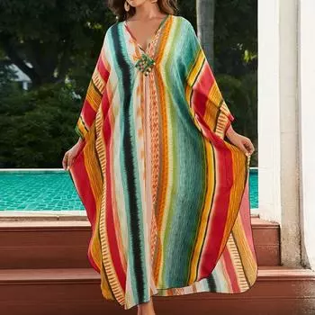 Женская мода весна осень цветные блоки принт длинный рукав V-образный вырез свободная талия повседневные платья Size: One Size
