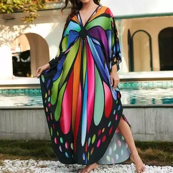 Женская мода весна осень цветные блоки принт длинный рукав V-образный вырез свободная талия повседневные платья Size: One Size