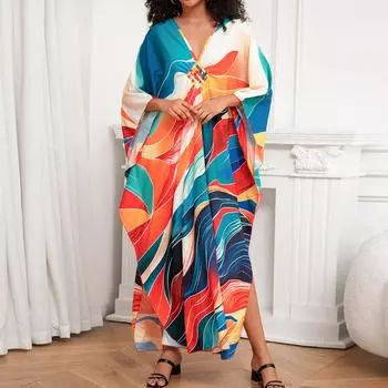 Женская мода весна осень цветные блоки принт длинный рукав V-образный вырез свободная талия повседневные платья Size: One Size