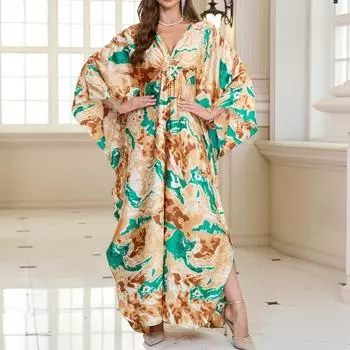 Женская мода весна осень цветные блоки принт длинный рукав V-образный вырез свободная талия повседневные платья Size: One Size