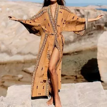 Женская мода весна осень геометрический принт длинный рукав V-образный вырез свободная талия повседневные платья Size: One Size