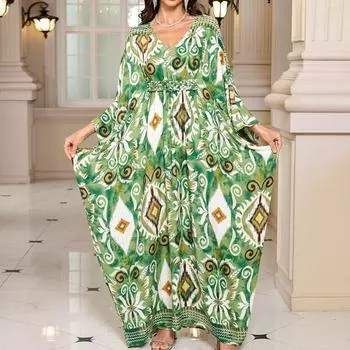 Женская мода весна осень геометрический принт длинный рукав V-образный вырез свободная талия повседневные платья Size: One Size