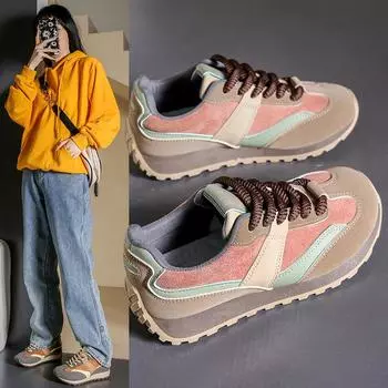Женская мода весна-осень Лоскутная обувь Женские спортивные кроссовки в корейском стиле для бега Повседневные кроссовки на шнуровке для девочек на толстой подошве 35