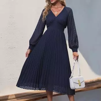 Женская мода весна осень однотонный принт с длинным рукавом и v-образным вырезом повседневные платья L чёрный