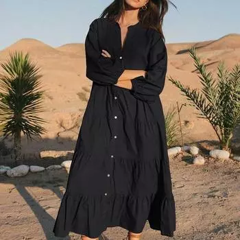 Женская мода весна осень однотонный принт с длинным рукавом с v-образным вырезом свободная талия повседневные платья Size: One Size