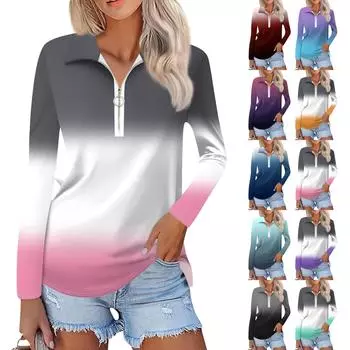 Женская мода весна-осень повседневная принтованная молния V-образный вырез длинный рукав рубашка топы L синий