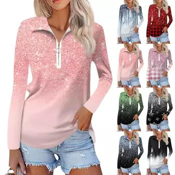 Женская мода весна-осень повседневная принтованная молния V-образный вырез длинный рукав рубашка топы L армия зеленый