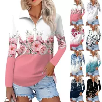 Женская мода весна-осень повседневная принтованная молния V-образный вырез длинный рукав рубашка топы M синий