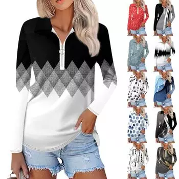 Женская мода весна-осень повседневная принтованная молния V-образный вырез длинный рукав рубашка топы XXXL хаки