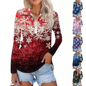 Женская мода весна осень повседневная рождественская принтованная молния V-образный вырез длинный рукав рубашка топ S